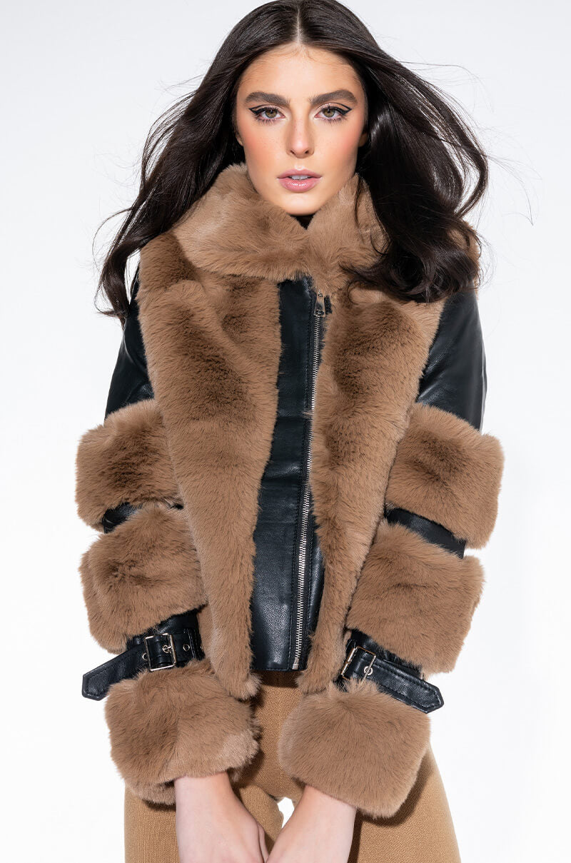 Front View Azalea Wang Faux Fur Trimmed Moto Jacket