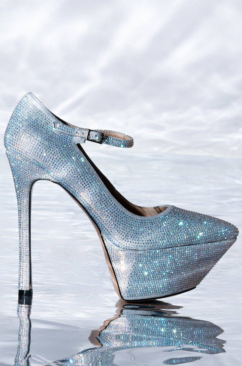 Front View Azalea Wang Feliz Rhinestone Embellished Platform Stiletto Pump In Silver