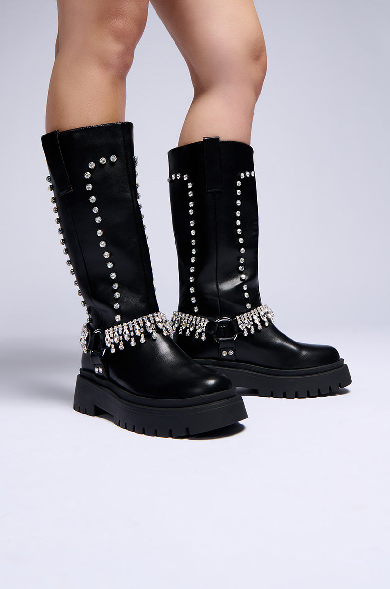 Front View Azalea Wang Filomena Black Embellished Flatform Boot
