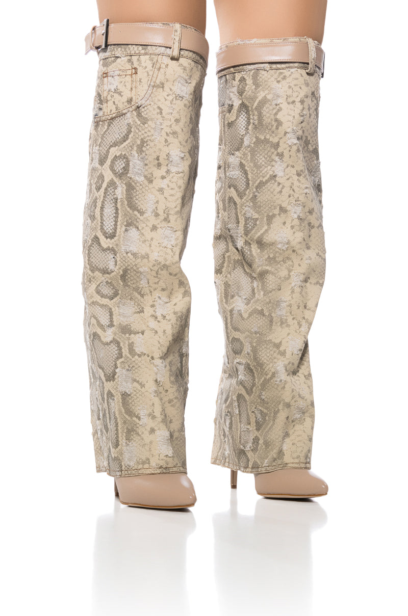 Front View Azalea Wang Fioralba Tan Snake Skin Fold Over Boot 0