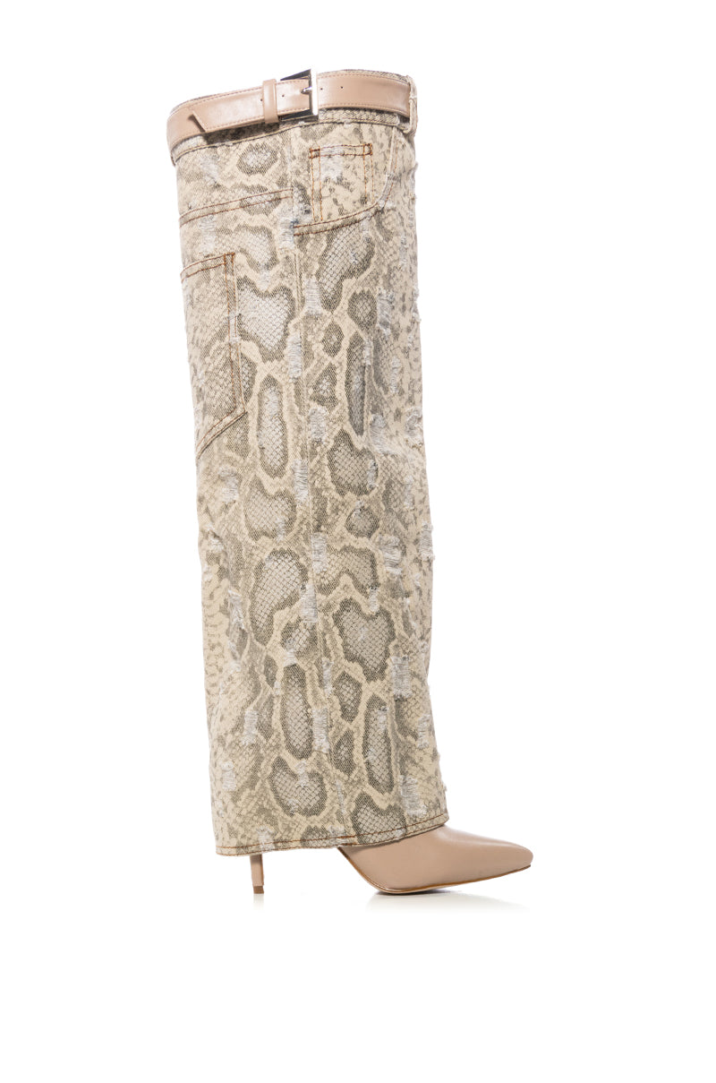 Side View Azalea Wang Fioralba Tan Snake Skin Fold Over Boot 1