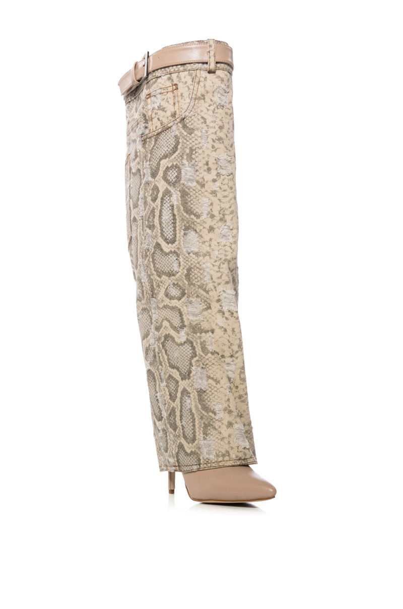 Back View Azalea Wang Fioralba Tan Snake Skin Fold Over Boot 2