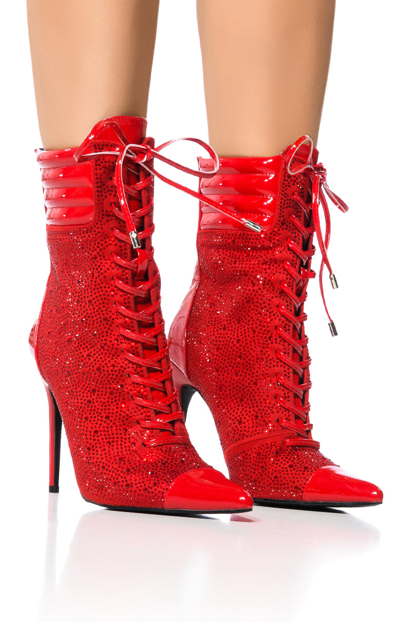Front View Azalea Wang Fireflame Embellished Bootie In Red