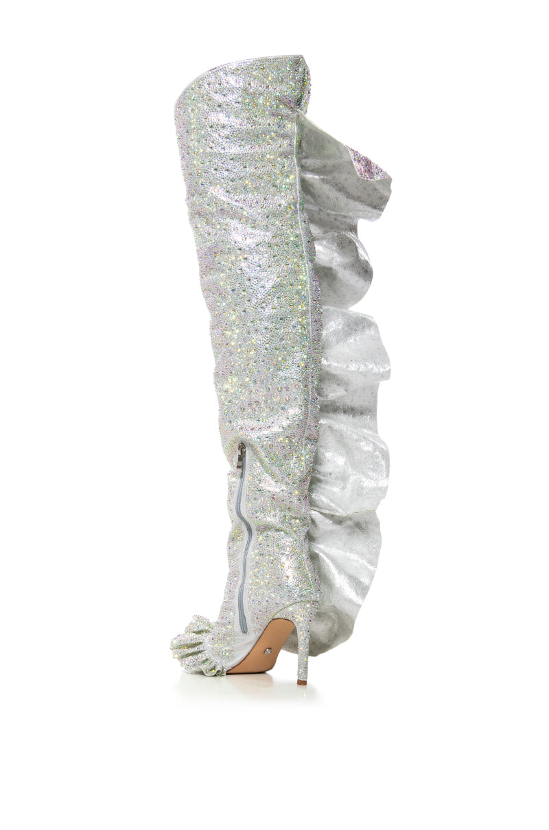 Detail View Azalea Wang Flautist Silver Ruffle Rhinestone Boot