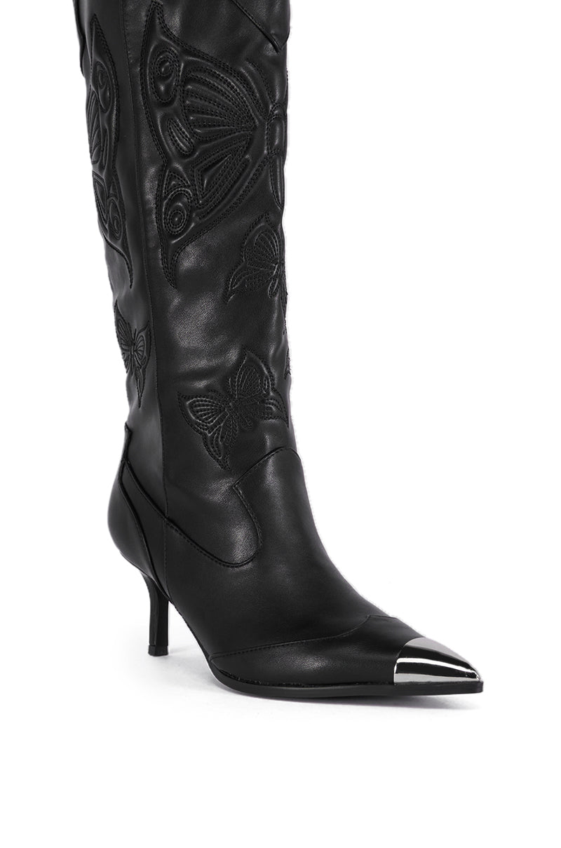 Detail View Azalea Wang Floryan Black Western Boot With Silver Toe Cap