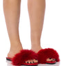 Front View Azalea Wang Foxy Basic Fur Flat Sandal In Red