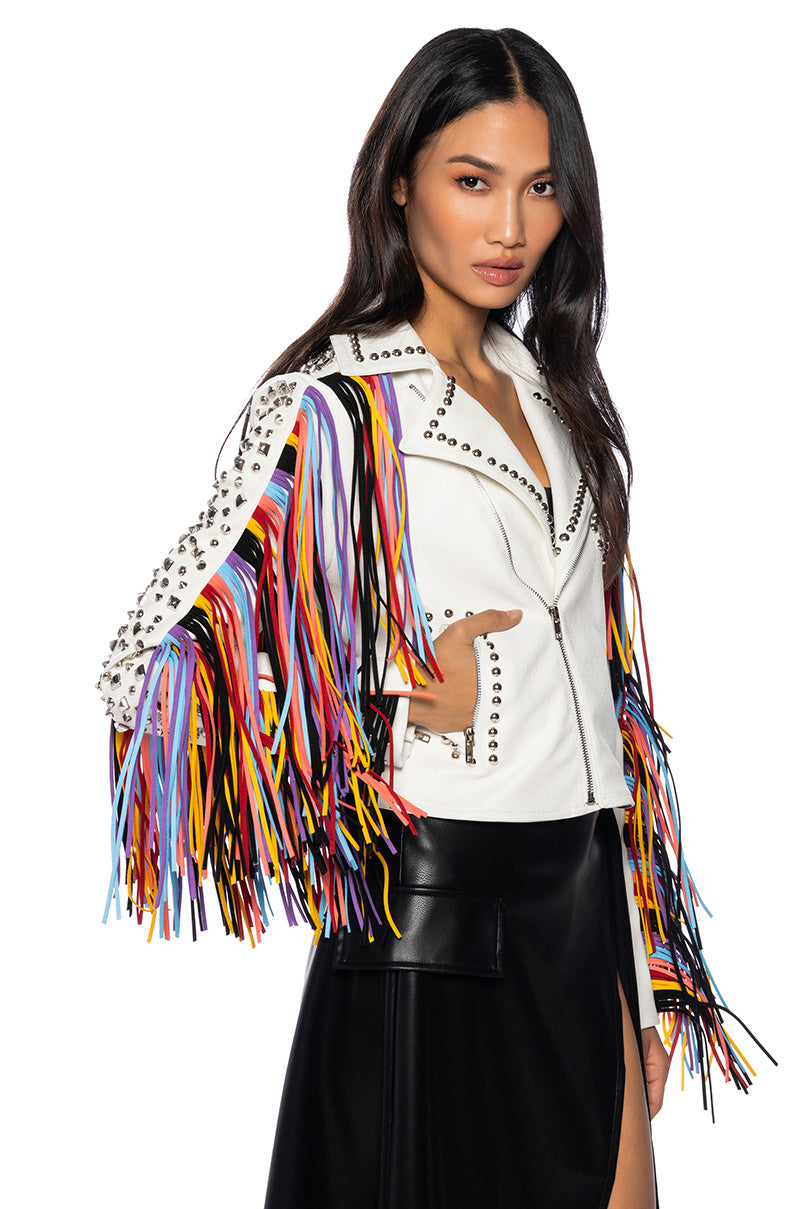 Front View Azalea Wang Free Rider Studded Fringe Moto Jacket