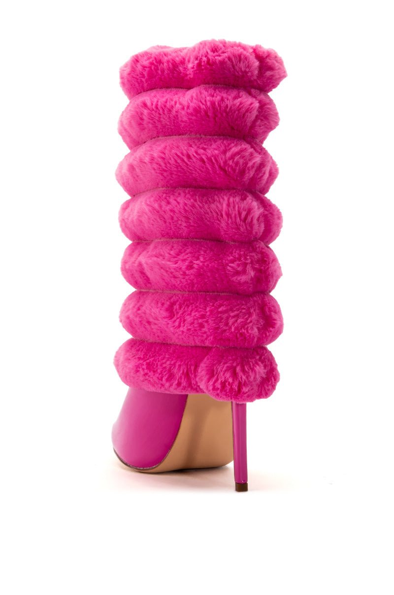 Back View Azalea Wang French Puffy Fur Stiletto Bootie In Pink