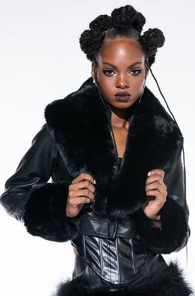 AZALEA WANG FUR TRIM GISELLE CROP JACKET IN BLACK – AKIRA