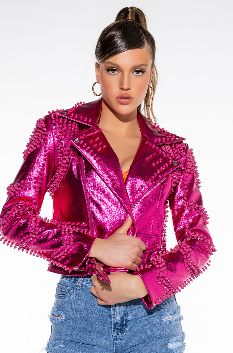 Front View Azalea Wang Future Nostalgia Pink Metallic Moto Jacket