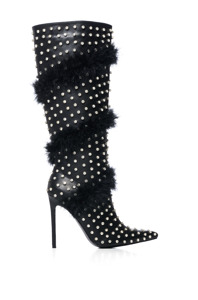 Side View Azalea Wang Gardenia Feather Embellished Boot In Black
