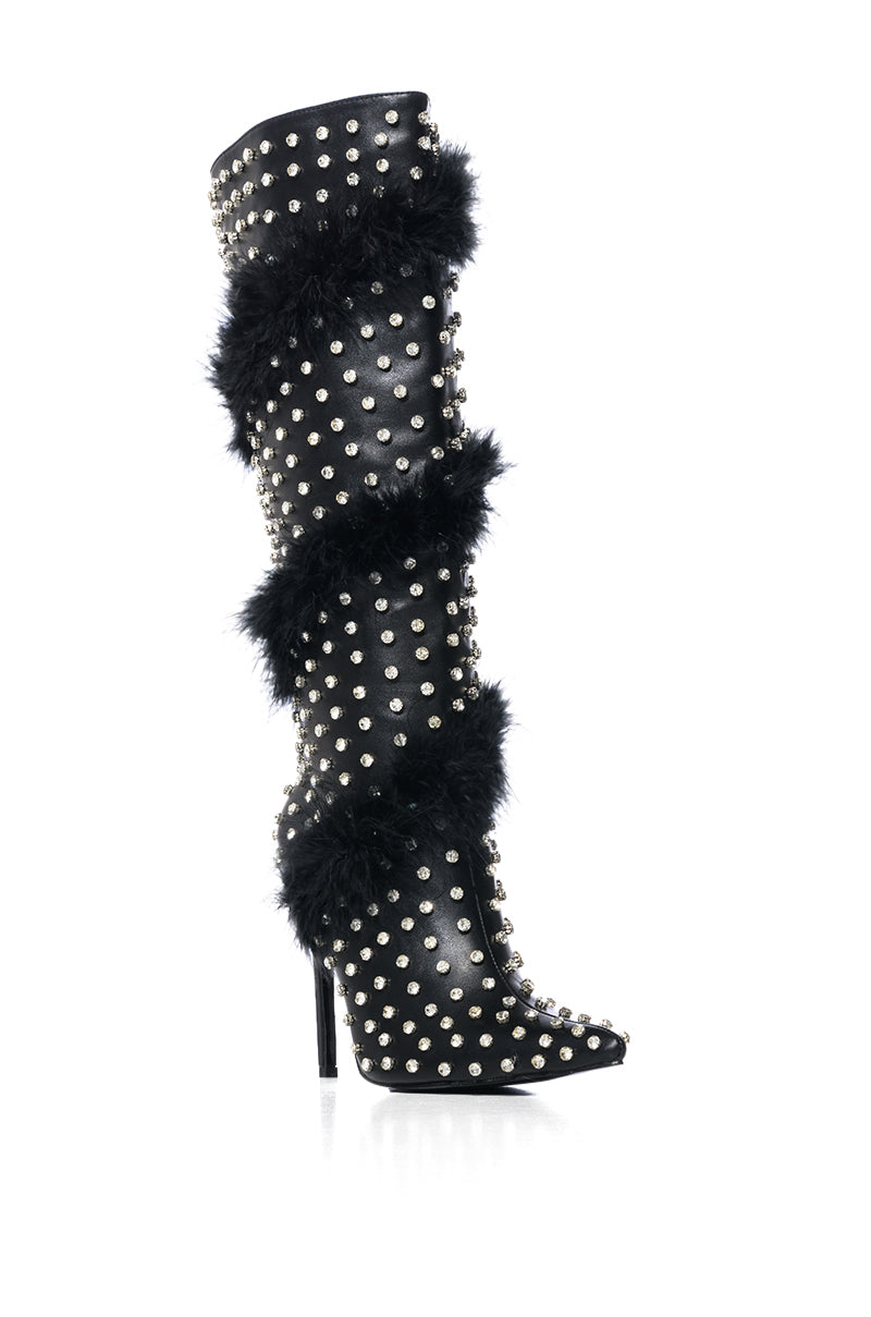 Back View Azalea Wang Gardenia Feather Embellished Boot In Black