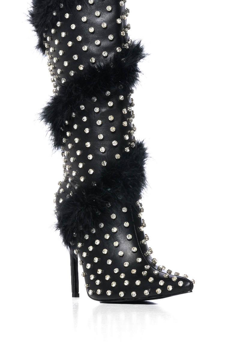 Full View Azalea Wang Gardenia Feather Embellished Boot In Black