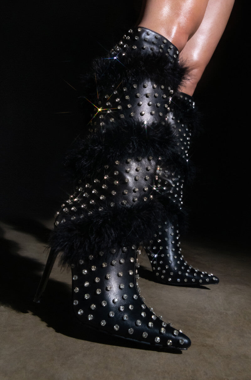 Extra View Azalea Wang Gardenia Feather Embellished Boot In Black