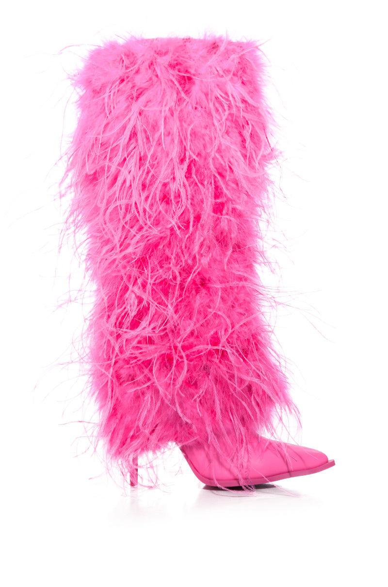 Side View Azalea Wang Go Girl Knee High Pink Feather Boot