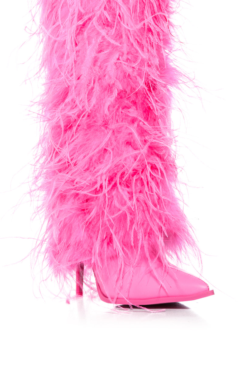 Full View Azalea Wang Go Girl Knee High Pink Feather Boot