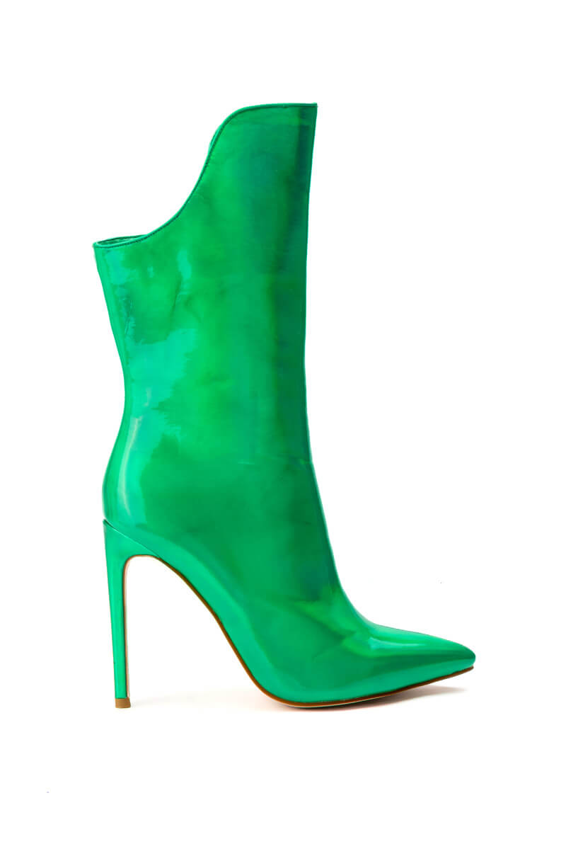 Side View Azalea Wang Halo Holographic Stiletto Bootie In Green 4