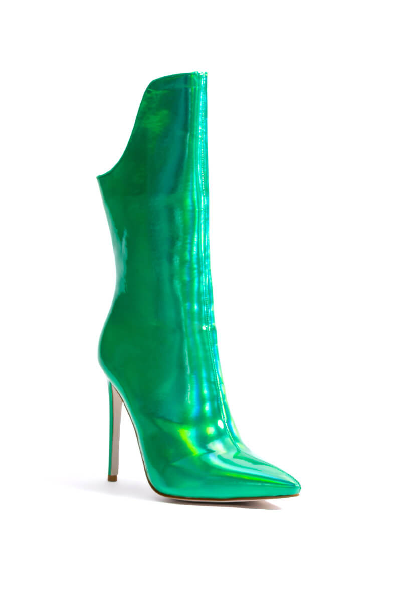Back View Azalea Wang Halo Holographic Stiletto Bootie In Green 6