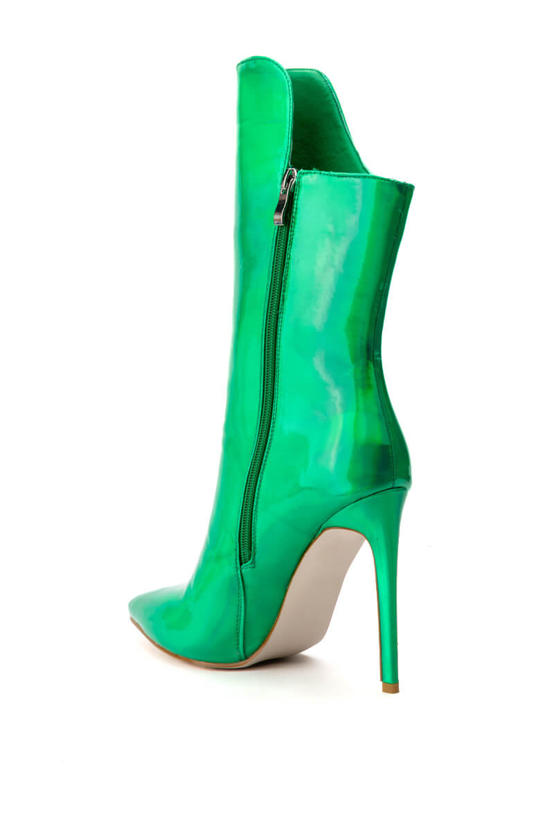 Detail View Azalea Wang Halo Holographic Stiletto Bootie In Green 10