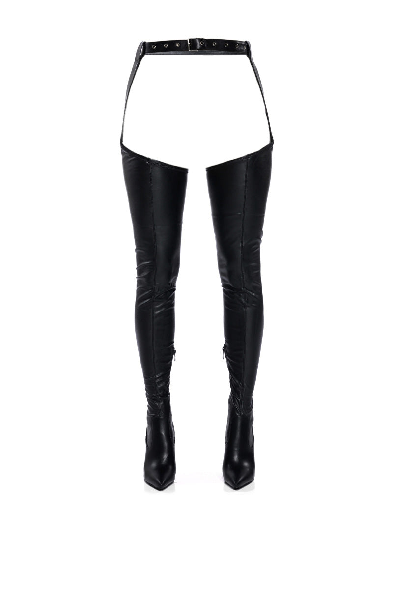 Back View Azalea Wang Im Movin On Belted Thigh High Stiletto Chap Boot With 4 Way Stretch