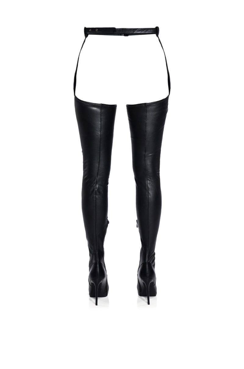 Detail View Azalea Wang Im Movin On Belted Thigh High Stiletto Chap Boot With 4 Way Stretch