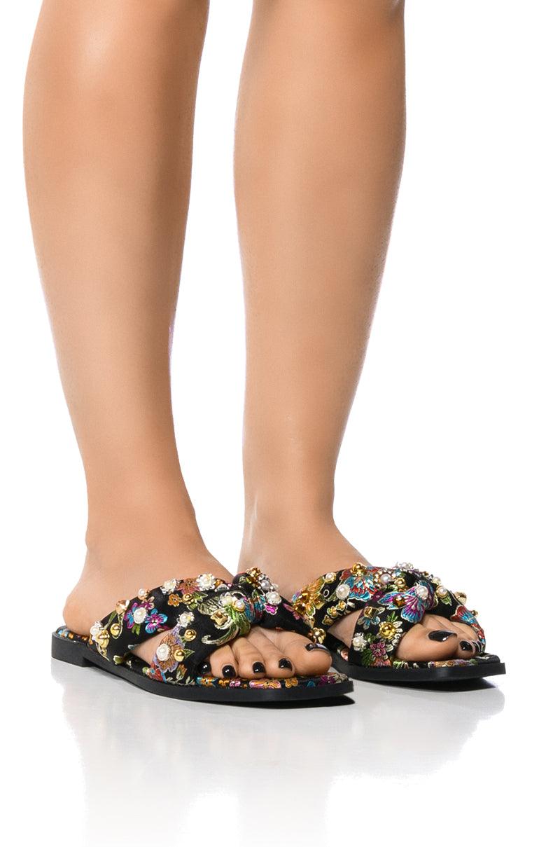 Front View Azalea Wang In The Garden Embellished Slides In Black