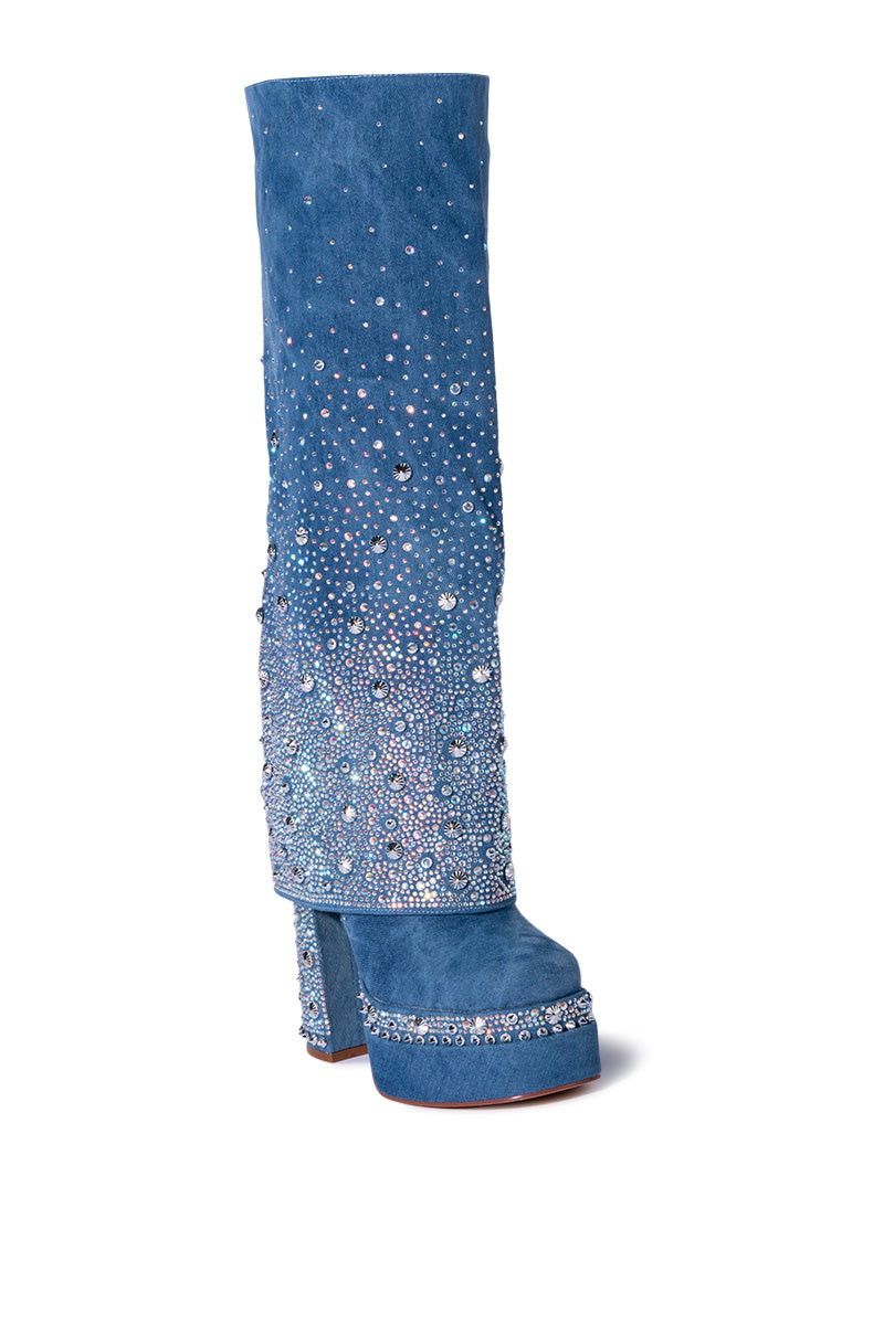 Back View Azalea Wang Invisible Denim Boot With Diamonds