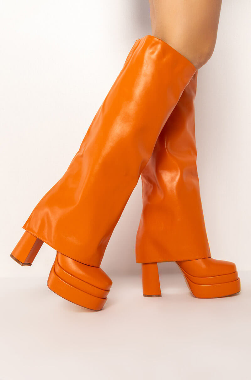 Side View Azalea Wang Invisible Knee High Fold Over Chunky Boot In Orange