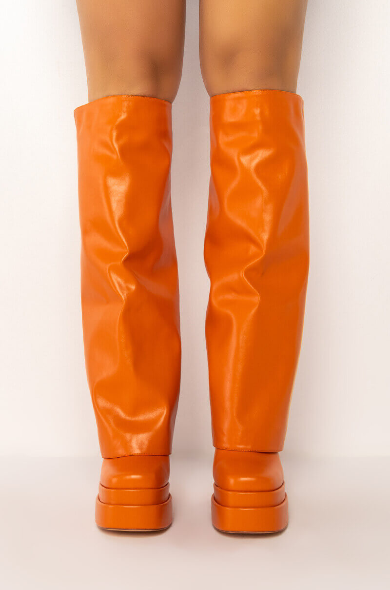 Back View Azalea Wang Invisible Knee High Fold Over Chunky Boot In Orange