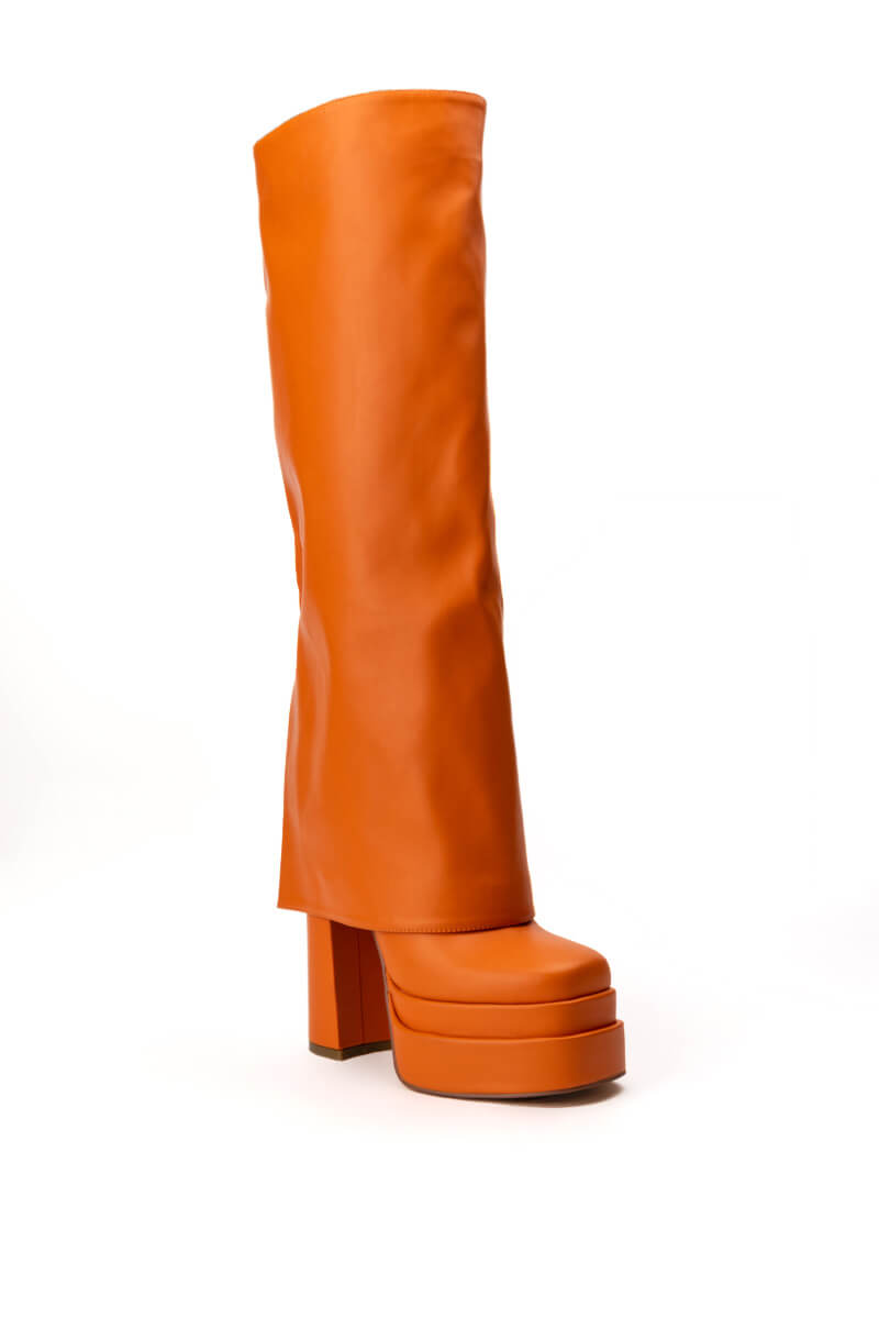 Back View Azalea Wang Invisible Knee High Fold Over Chunky Boot In Orange