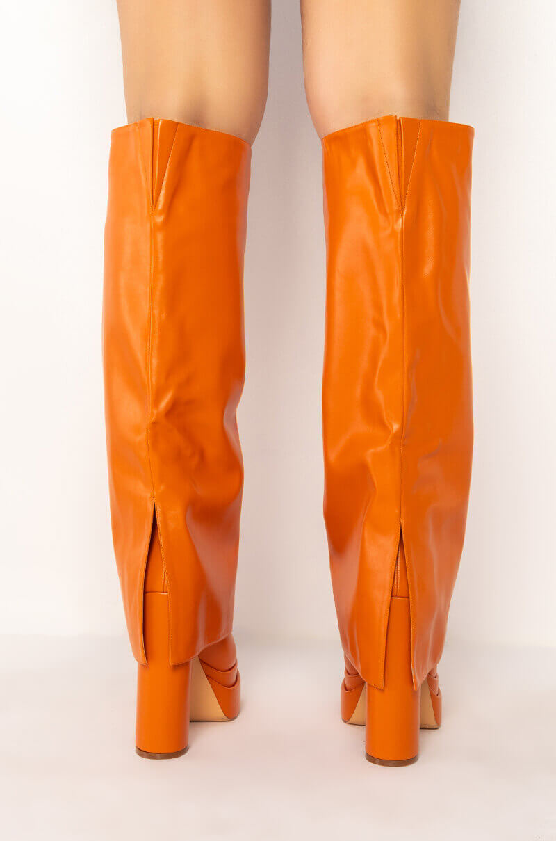 Detail View Azalea Wang Invisible Knee High Fold Over Chunky Boot In Orange
