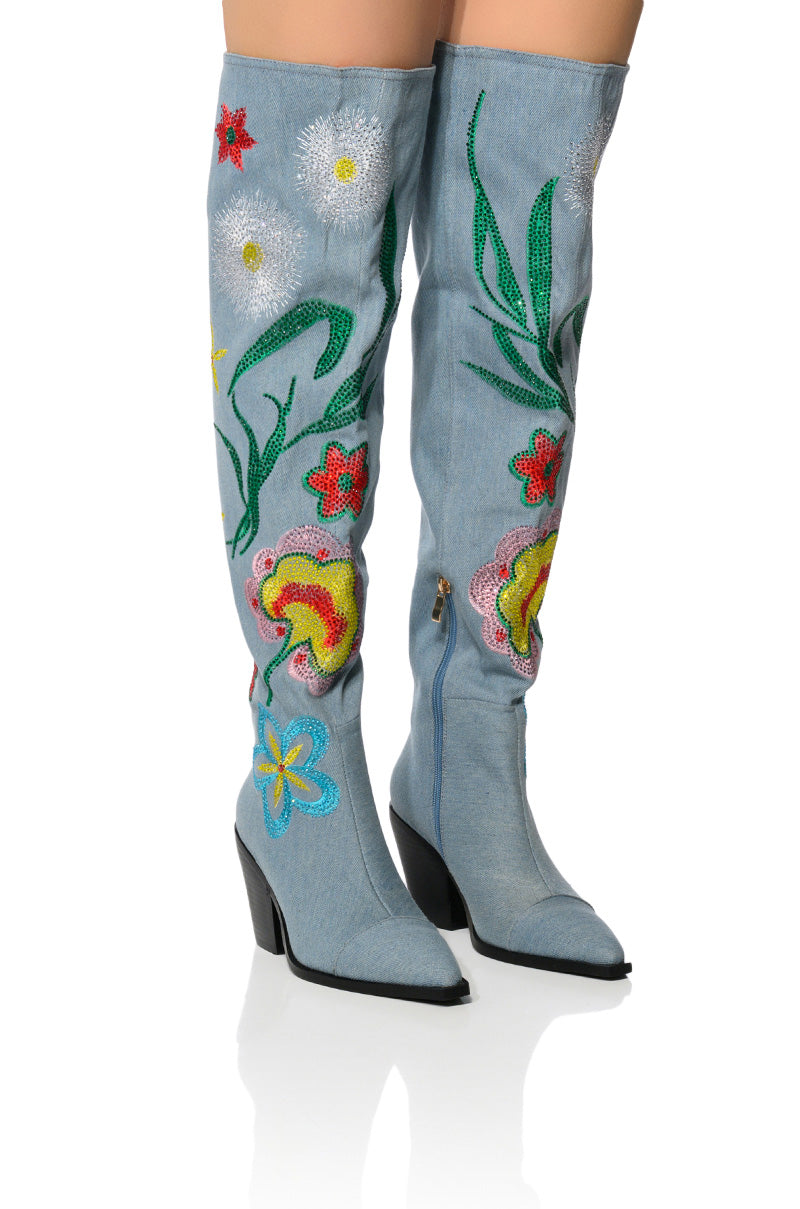 Front View Azalea Wang Izara Over The Knee Boot In Denim