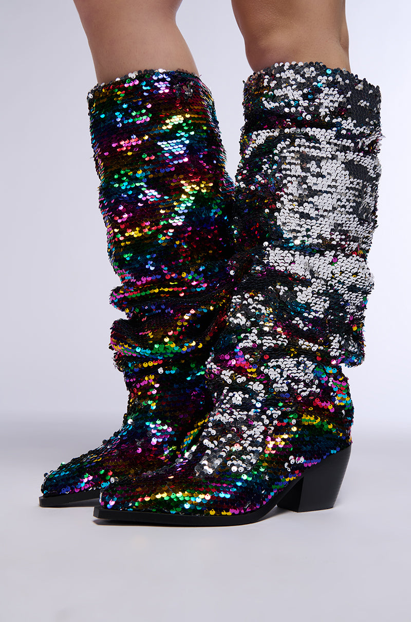 Side View Azalea Wang Jadie Multi Rainbow Sequin Western Boot