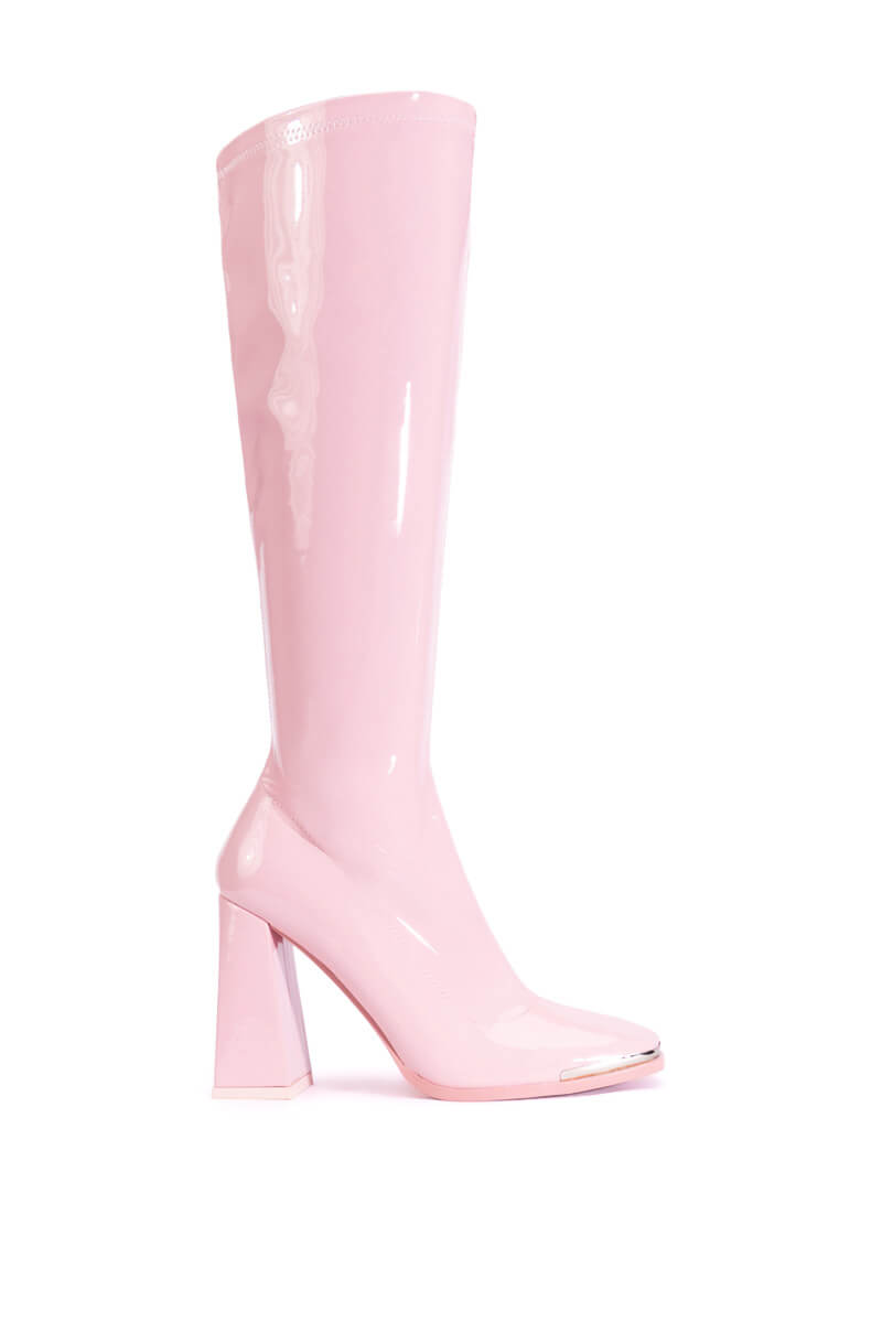 Side View Azalea Wang Jazzy Patent Knee High Boot In Pink