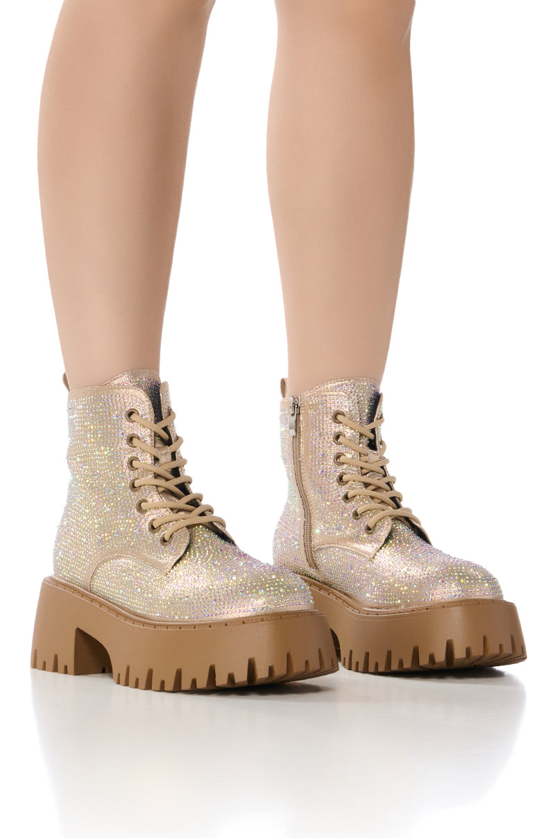 Front View Azalea Wang Jekyll Gold Rhinestone Bootie
