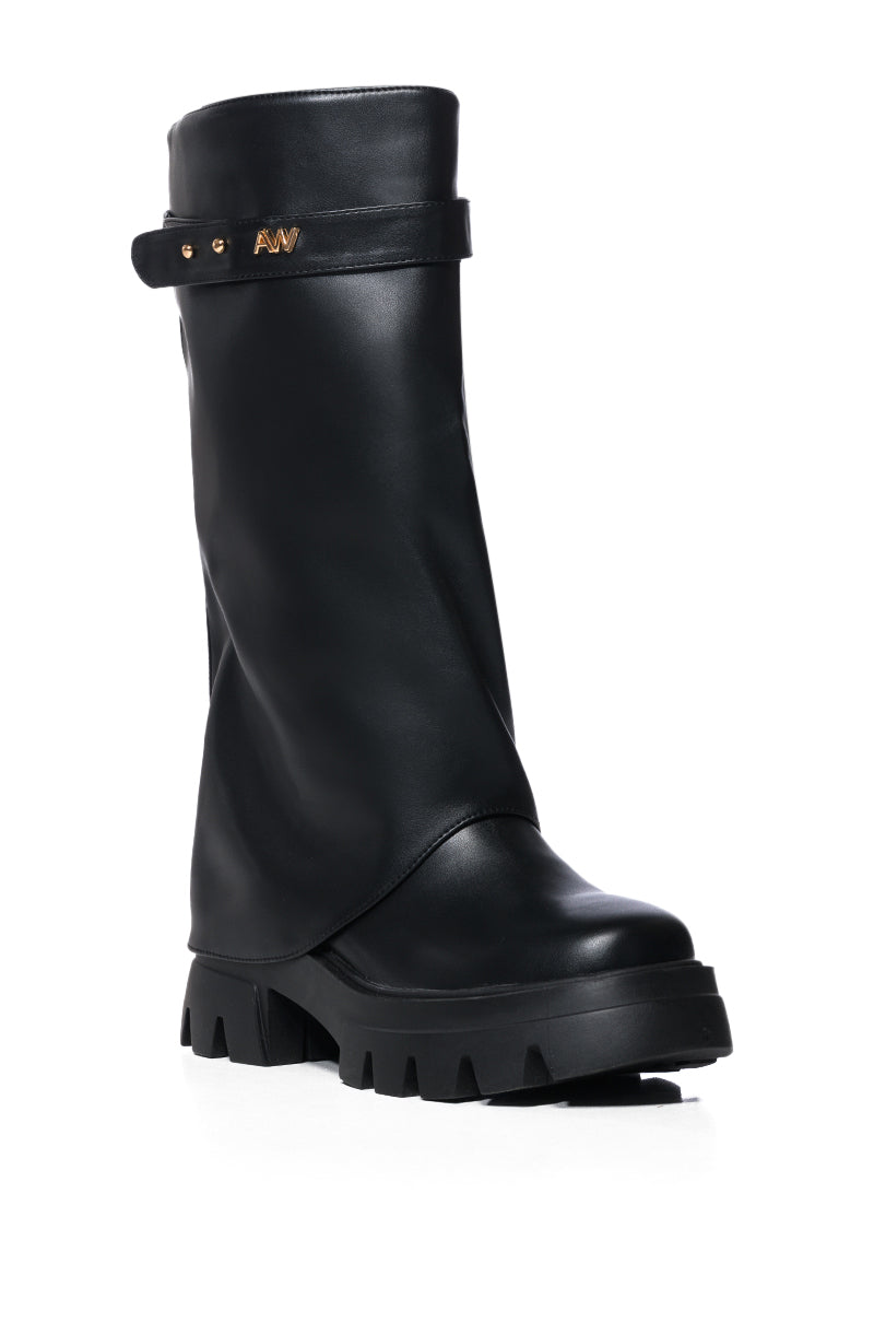 Back View Azalea Wang Jet Fold Over Flatform Boot In Black