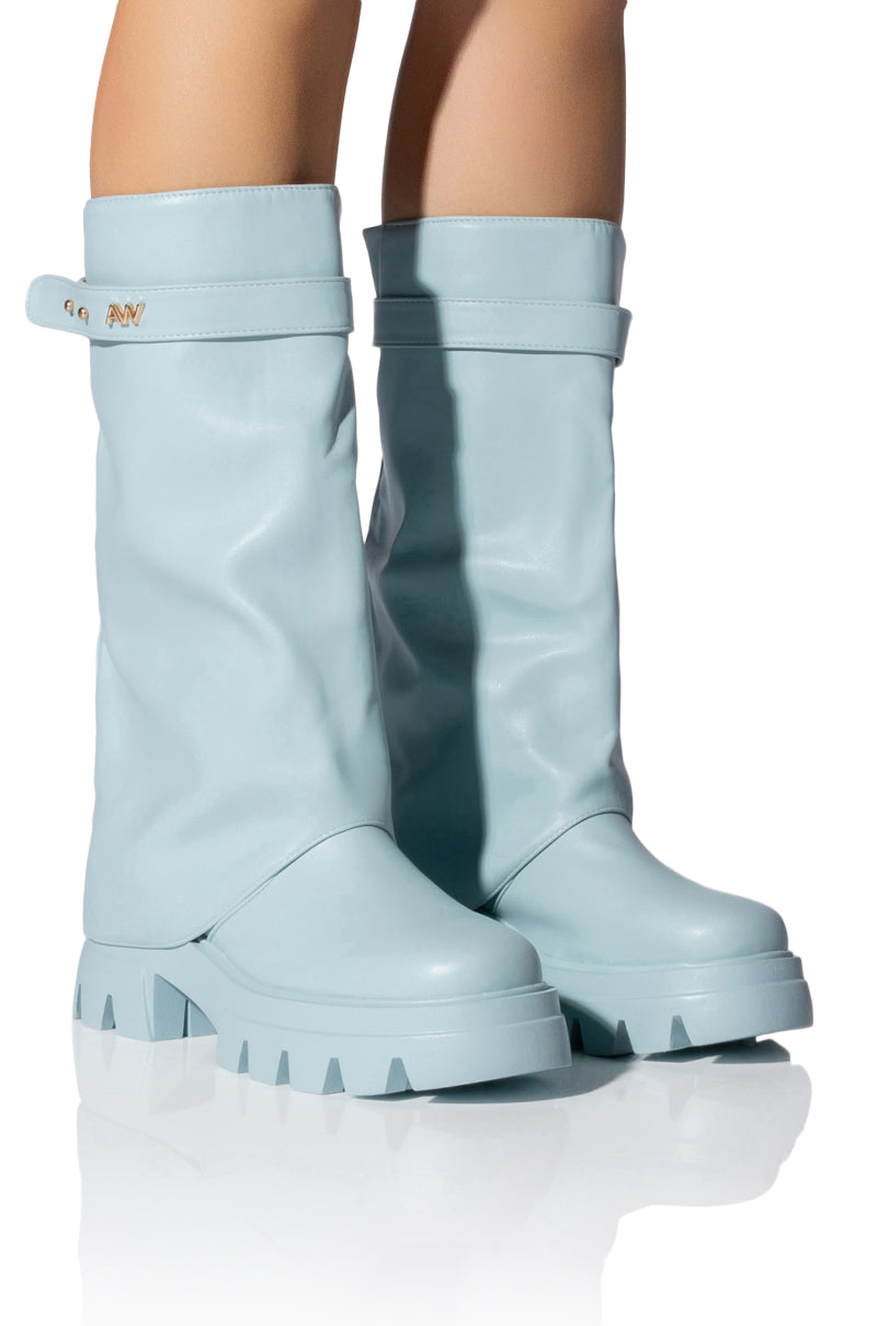 Front View Azalea Wang Jet Fold Over Flatform Boot In Blue