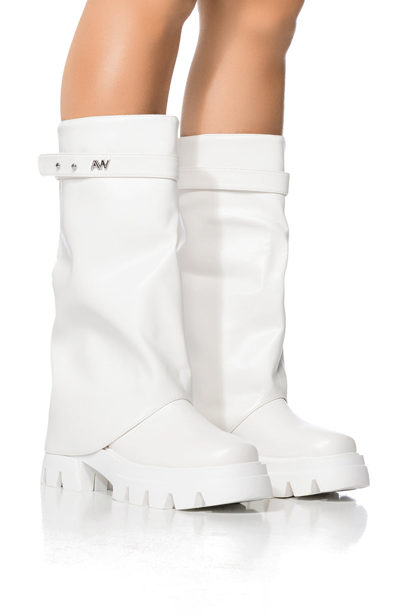 Front View Azalea Wang Jet Fold Over Flatform Boot In White