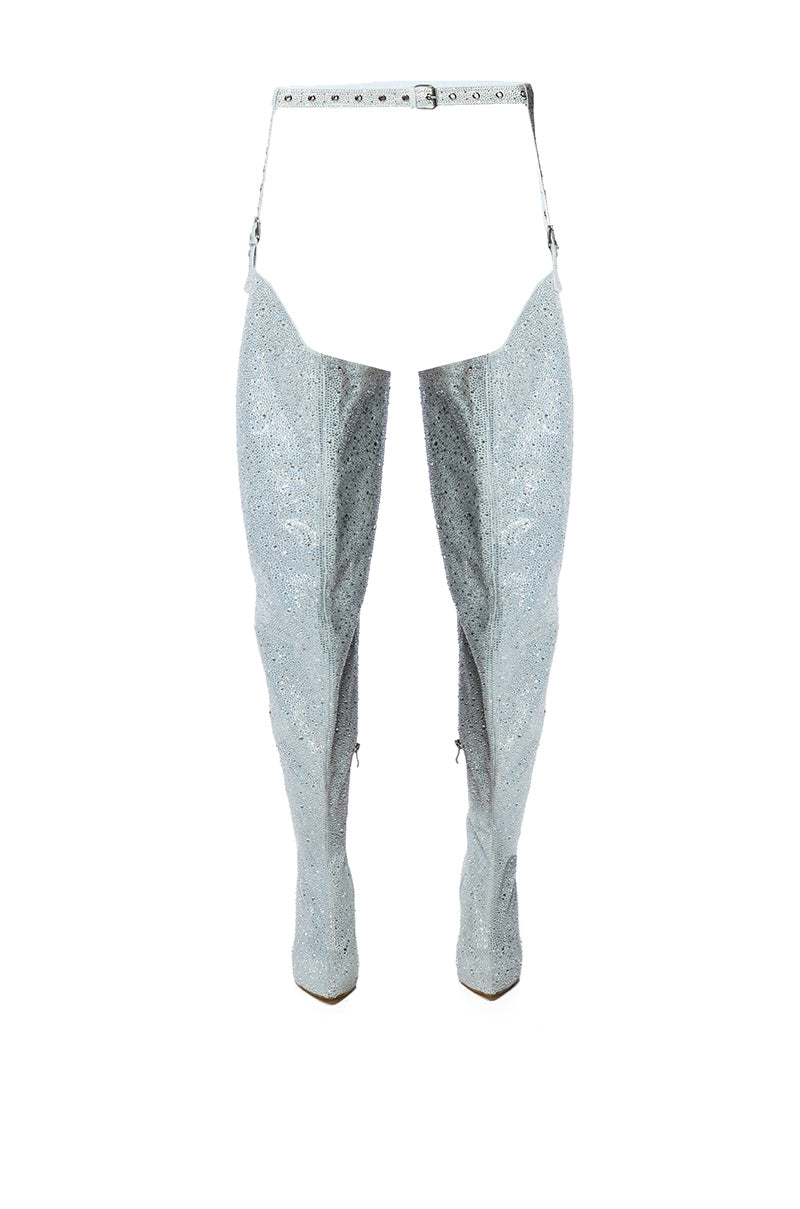 Back View Azalea Wang Jinny Embellished Thigh High Denim Chap Boot In Silver