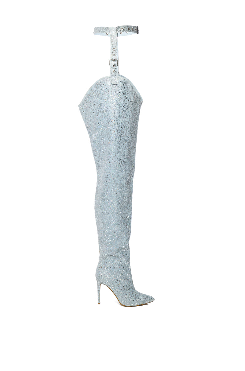 Detail View Azalea Wang Jinny Embellished Thigh High Denim Chap Boot In Silver