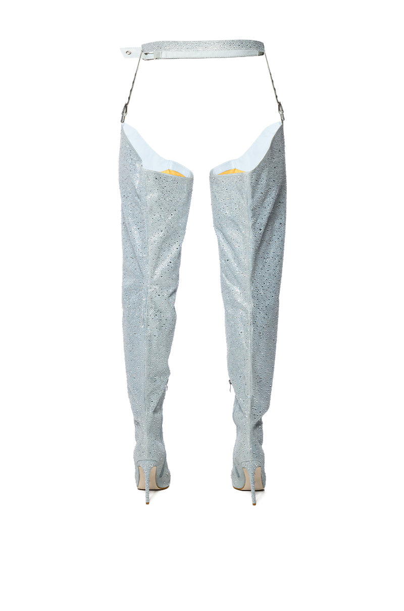 Full View Azalea Wang Jinny Embellished Thigh High Denim Chap Boot In Silver