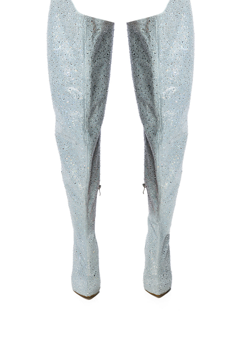 Extra View Azalea Wang Jinny Embellished Thigh High Denim Chap Boot In Silver