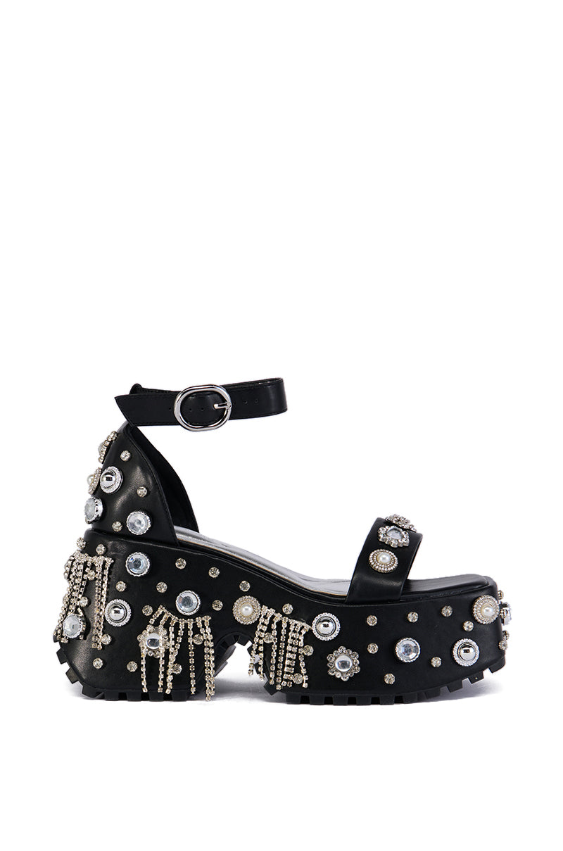 Detail View Azalea Wang Jonann Black Embellished Chunky Heel Platform Sandal