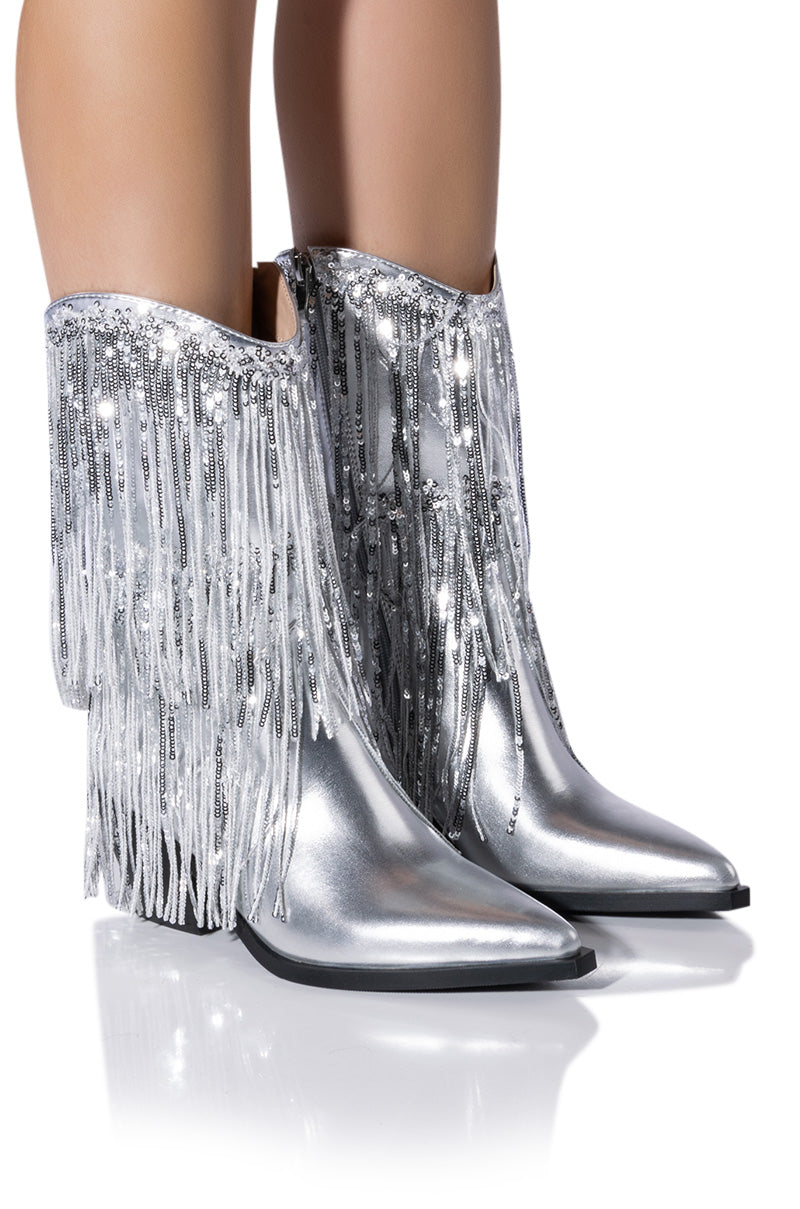 Front View Azalea Wang Joyful Ring Western Bootie In Silver