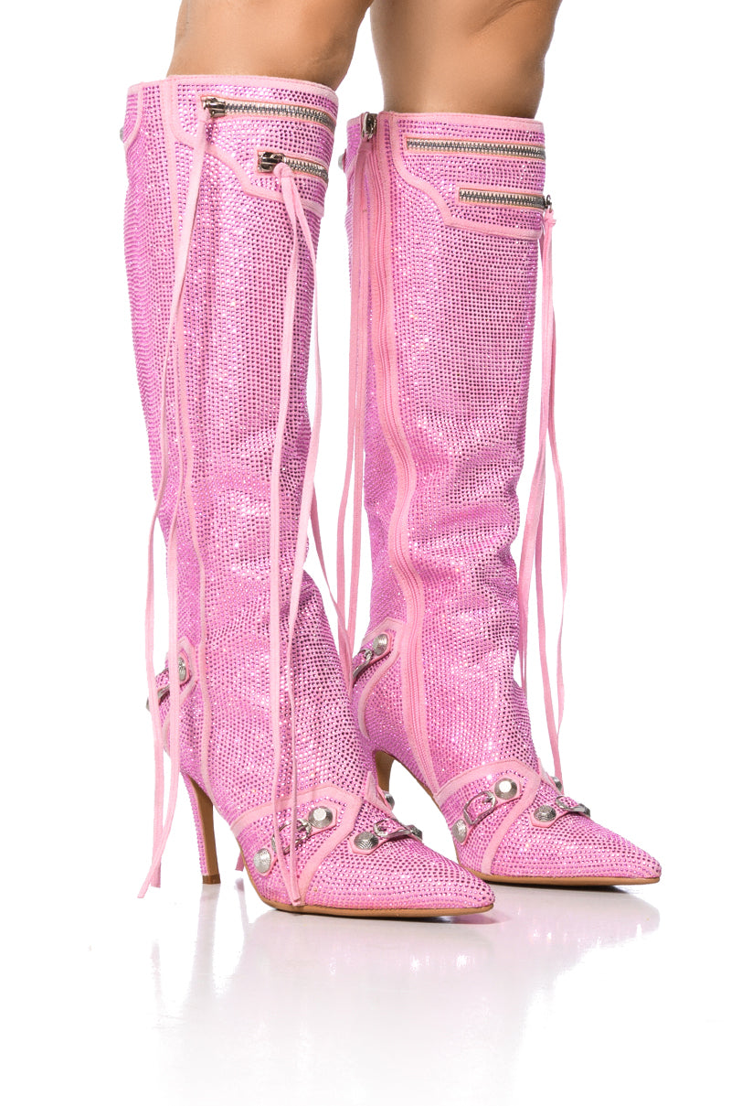 Front View Azalea Wang Just For You Stiletto Boot In Embellished Pink