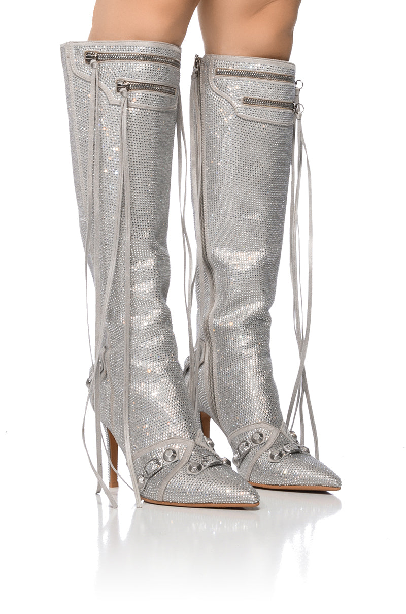 Front View Azalea Wang Just For You Stiletto Boot In Embellished Silver