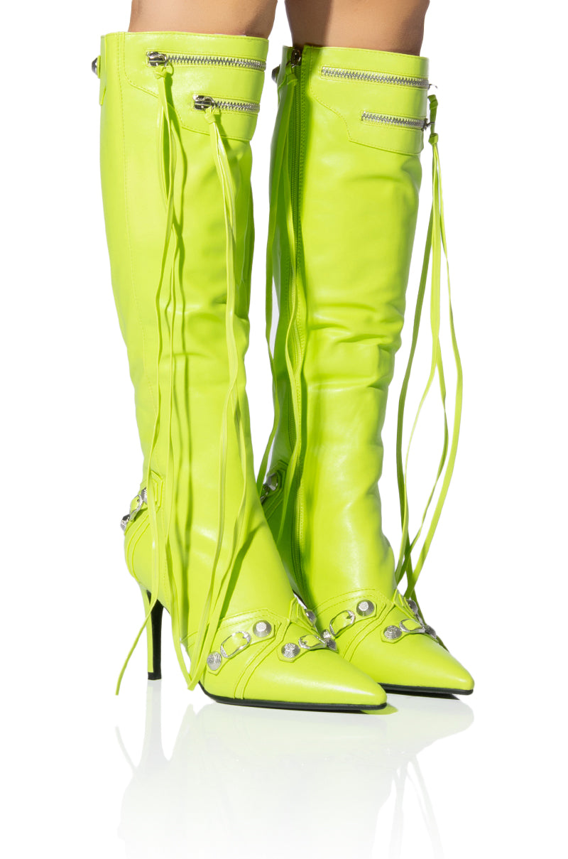Front View Azalea Wang Just For You Stiletto Boot In Green