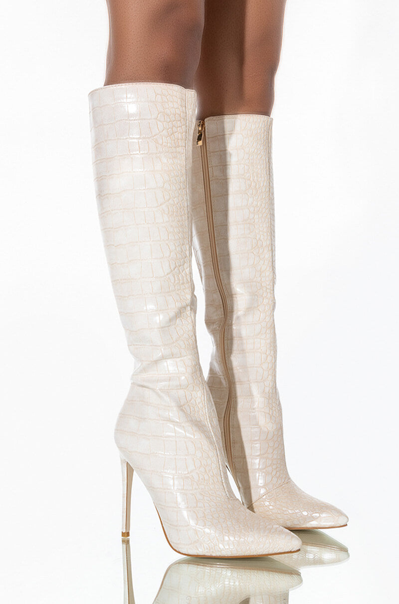Front View Azalea Wang Just My Luck Stiletto Boot In Bone
