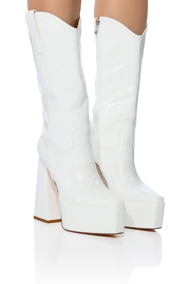 Front View Azalea Wang Kacey Chunky Patent Western Boot In White