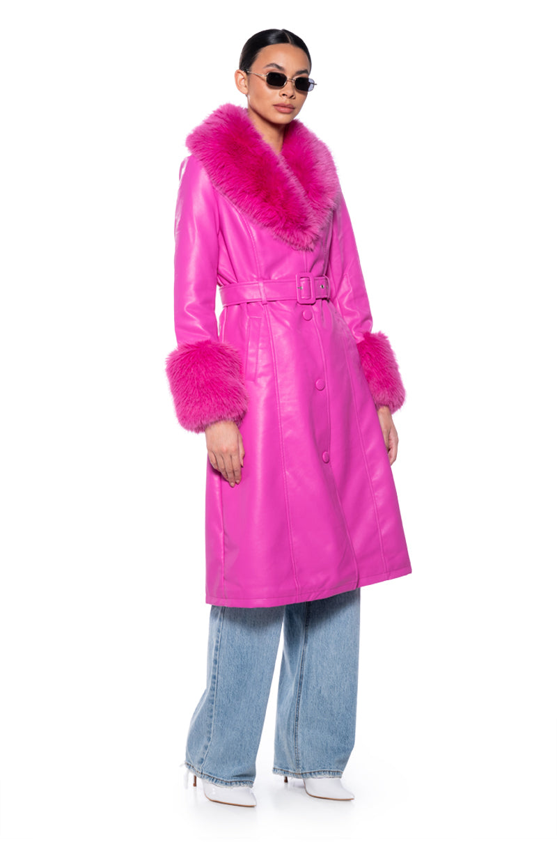 Back View Azalea Wang Kaya Pu Trench With Fur Lining In Pink